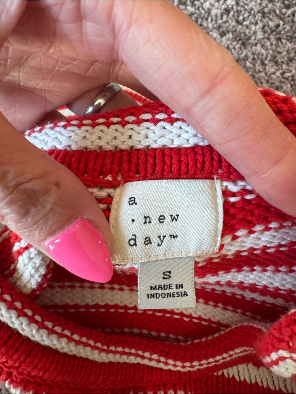 A New Day Red White Striped Shrunken Sweater 100% Cotton Crew Neck S - Picture 5 of 8